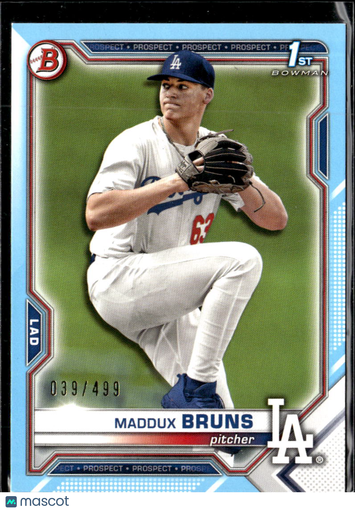 Maddux Bruns 2021 Bowman Draft 1st Sky Blue /499 Los Angeles Dodgers