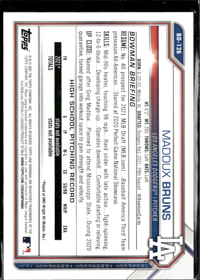 Maddux Bruns 2021 Bowman Draft 1st Sky Blue /499 Los Angeles Dodgers