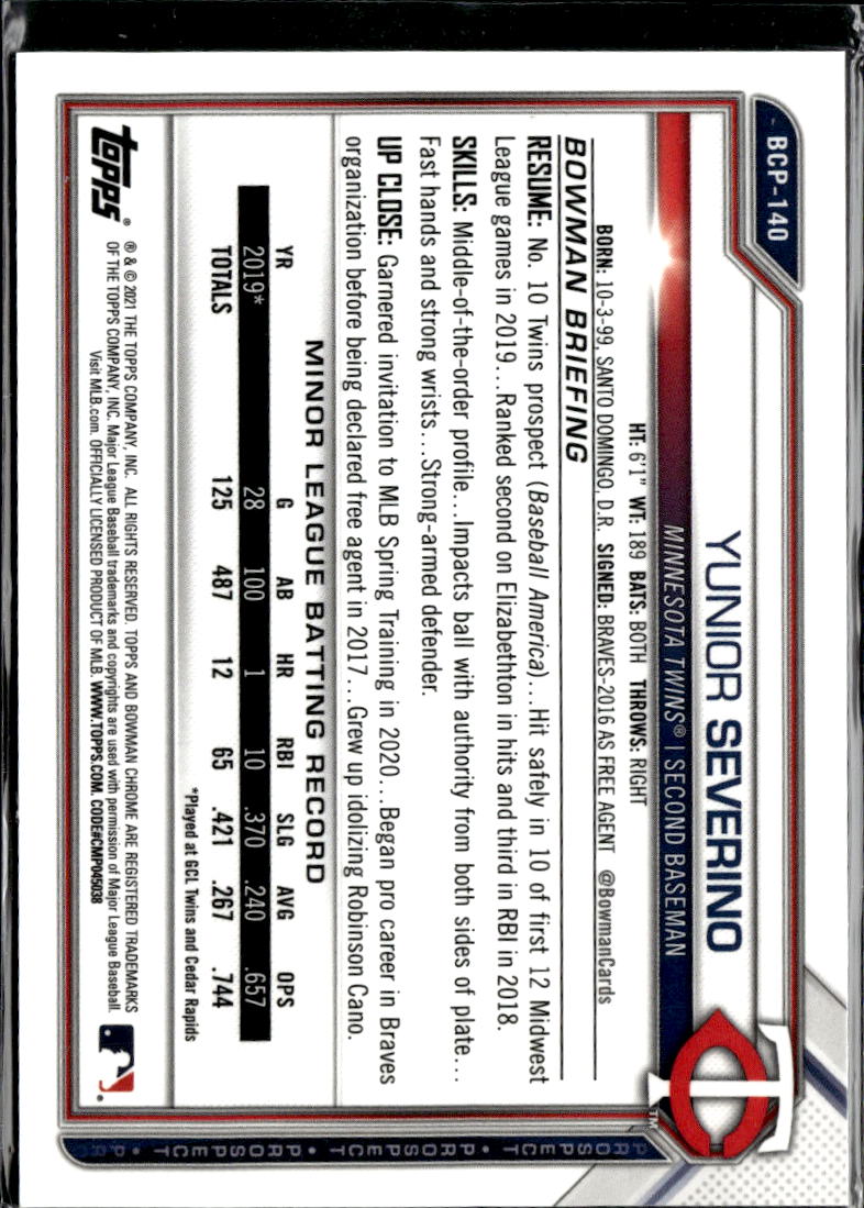 Yunior Severino 2021 Bowman Chrome 1st Yellow Sapphire 49/50 Minnesota Twins