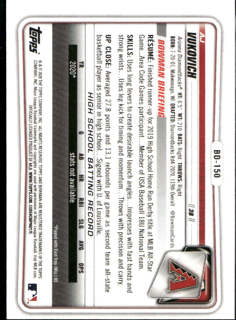 AJ Vukovich 2020 Bowman Draft 1st Green Paper 9/99 Arizona Diamondbacks