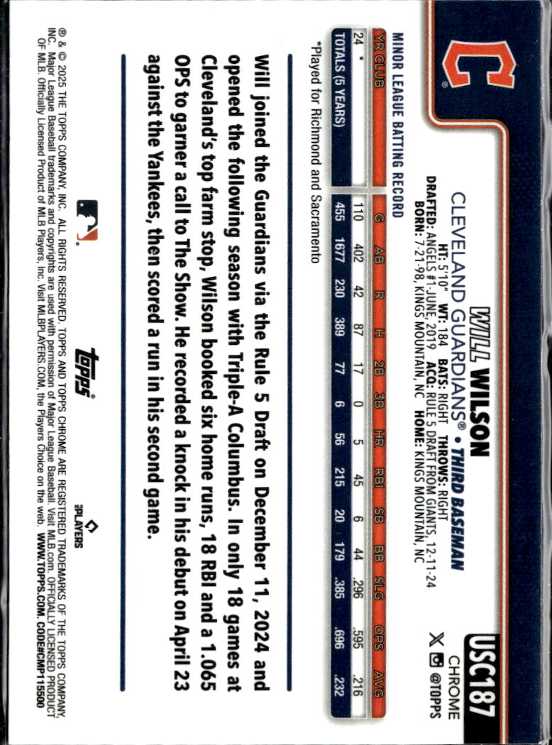 Will Wilson 2025 Topps Chrome RC Blue Refractor 63/150 Cleveland Guardians