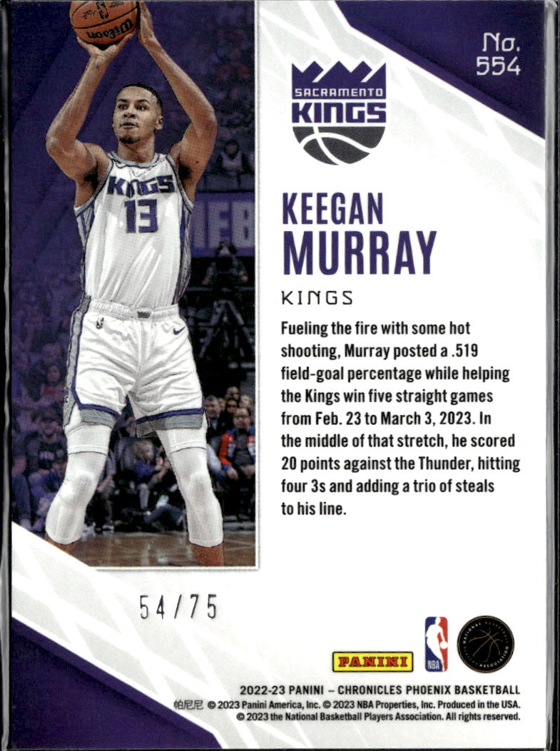 Keegan Murray 2022-23 Chronicles Phoenix Orange Rookie RC /75 Sacramento Kings