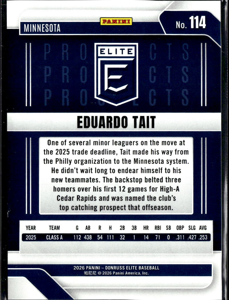 Eduardo Tait 2026 Donruss Elite Blue 64/199 Minnesota Twins