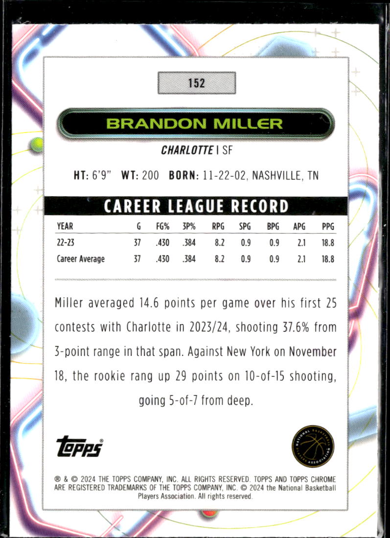 Brandon Miller 2024 Topps Chrome Cosmic Rookie RC Charlotte Hornets