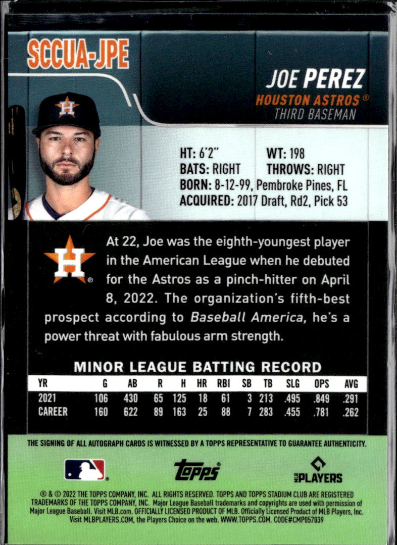 Joe Perez 2022 Topps Stadium Club Chrome Auto Autograph RC Houston Astros