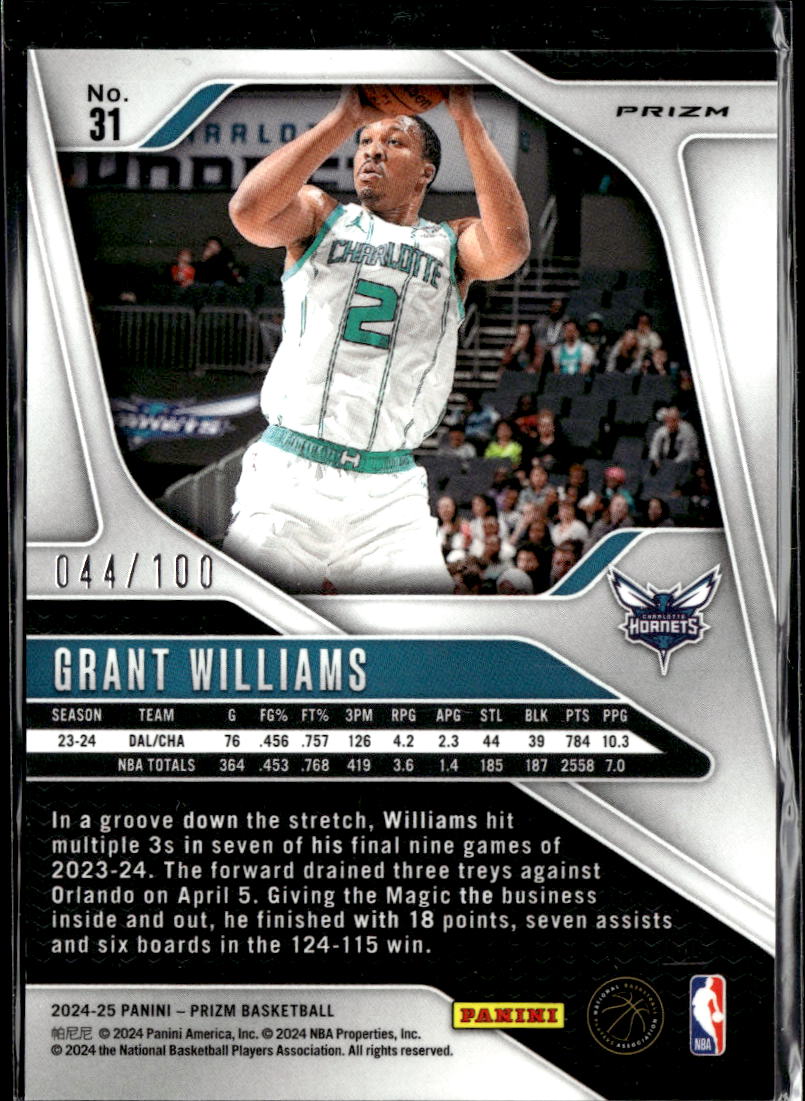 Grant Williams 2024 Prizm Red Disco 44/100 Charlotte Hornets