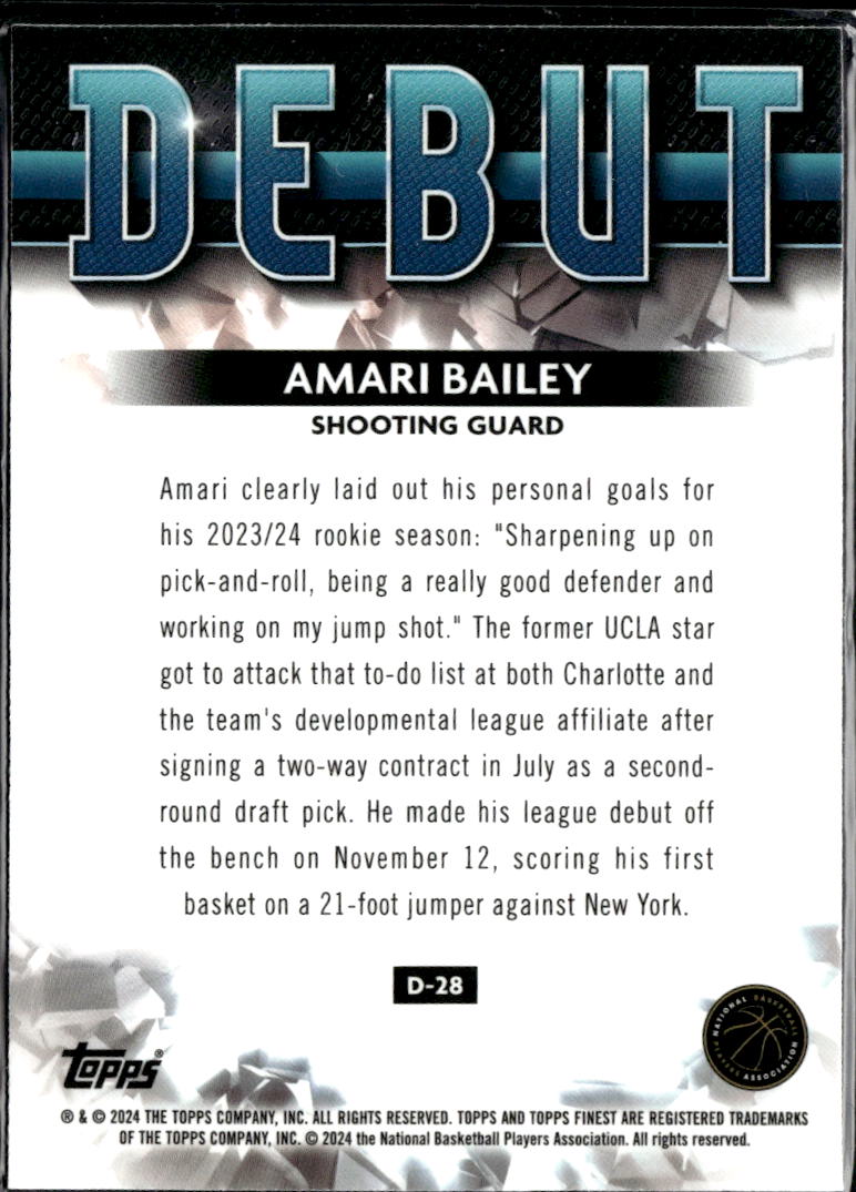 Amari Bailey 2024 Topps Finest Debut RC Blue 29/99 Charlotte Hornets