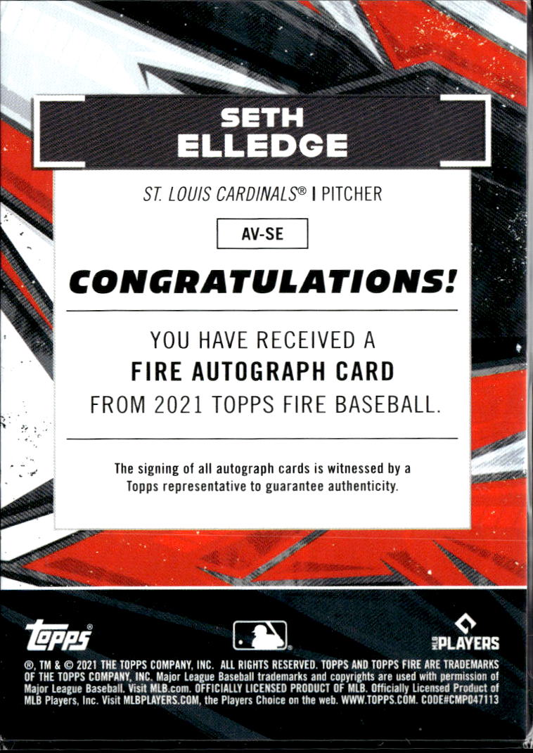 Seth Elledge 2021 Topps Fire RC Auto Autograph St. Louis Cardinals