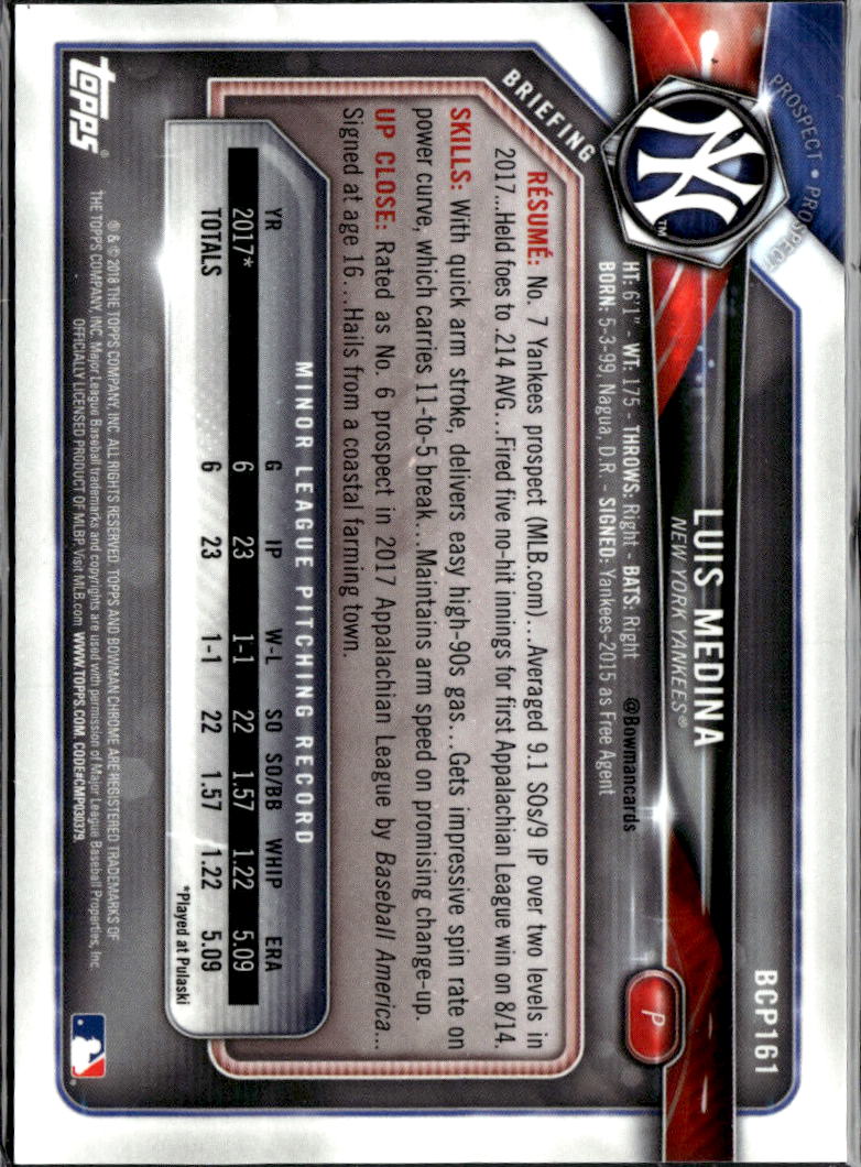 Luis Medina 2018 Bowman Chrome 1st Green Refractor /99 New York Yankees