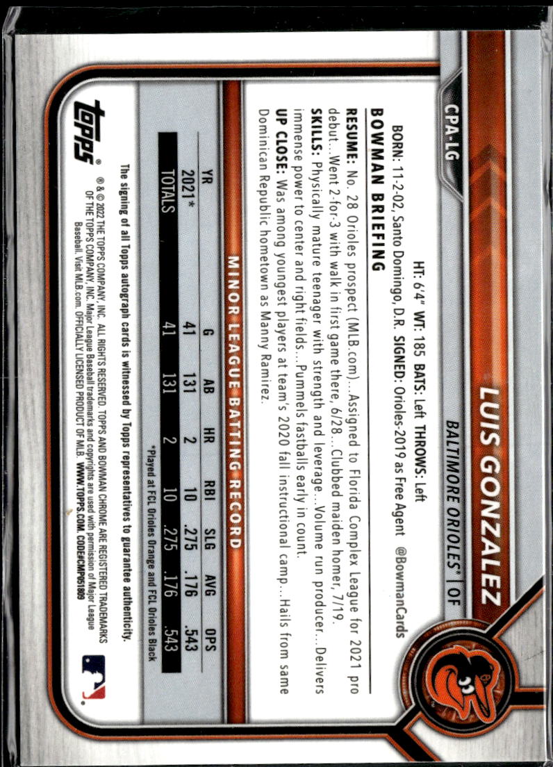 Luis Gonzalez 2022 Bowman Chrome 1st Auto Autograph Baltimore Orioles