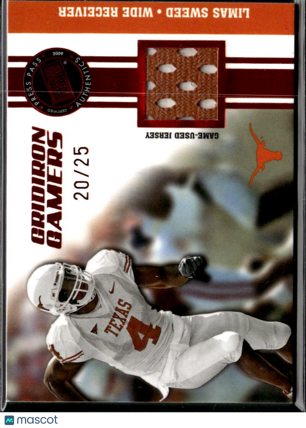 Limas Sweed 2009 Press Pass Game Worn Jersey Patch RC 20/25 Texas Longhorns