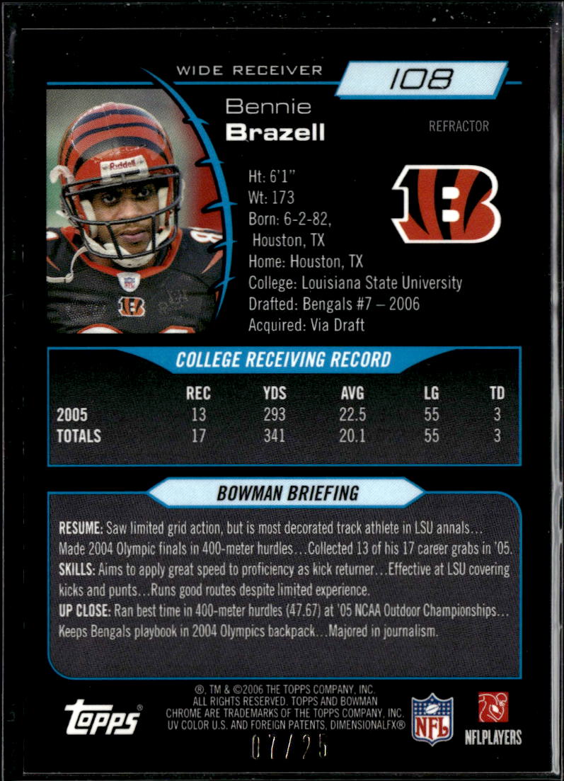 Bennie Brazell 2006 Bowman Chrome Orange Refractor RC 7/25 Cincinnati Bengals