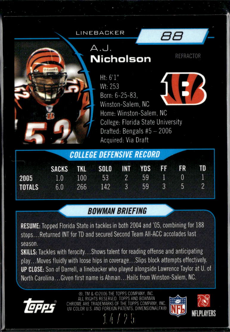 A.J. Nicholson 2006 Bowman Chrome Orange Refractor RC 14/25 Cincinnati Bengals