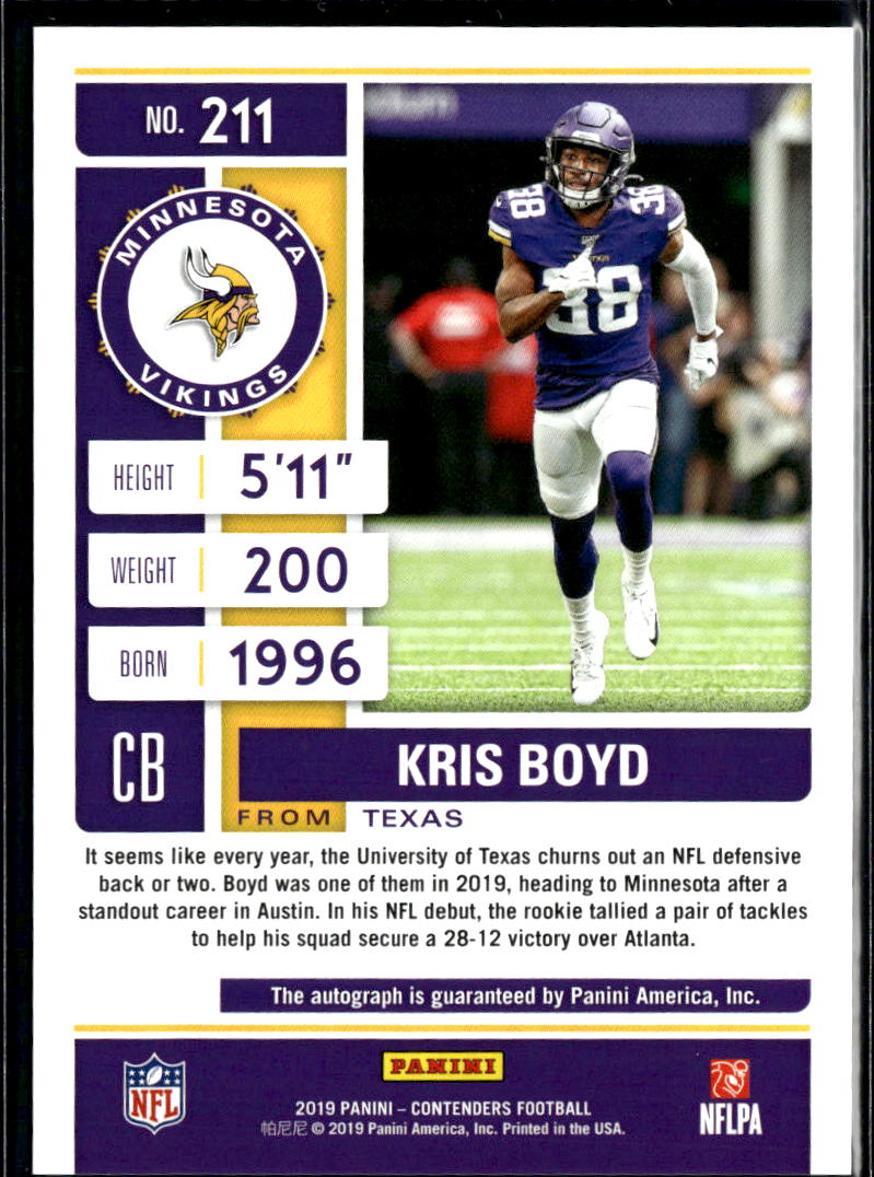 Kris Boyd 2019 Contenders Auto Autograph Cracked Ice RC 12/23 Longhorns Vikings