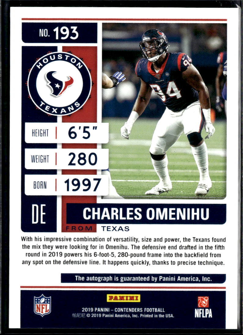 Charles Omenihu 2019 Contenders Auto Autograph Cracked Ice /23 Longhorns Texans