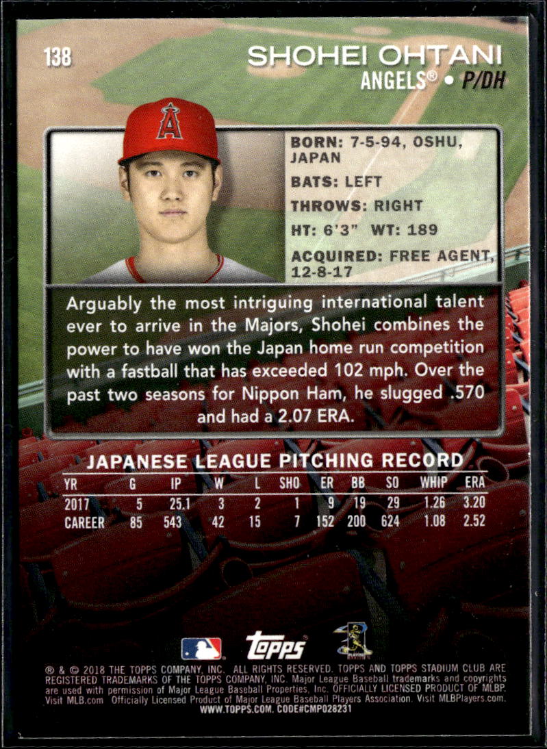 Shohei Ohtani 2018 Topps Stadium Club Rookie RC #138 Los Angeles Angels
