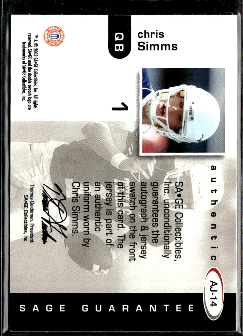 Chris Simms 2003 SAGE Auto Autograph RC Patch 3/10 Texas Longhorns