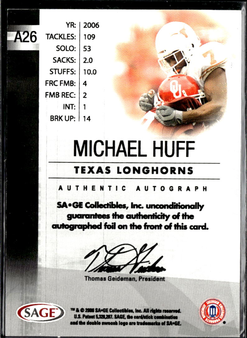 Michael Huff 2006 SAGE Platinum Auto Autograph RC 3/40 Texas Longhorns