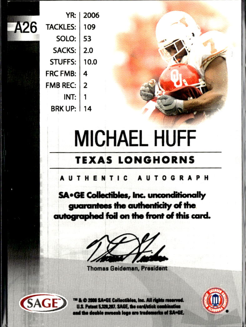 Michael Huff 2006 SAGE Platinum Auto Autograph RC 9/40 Texas Longhorns