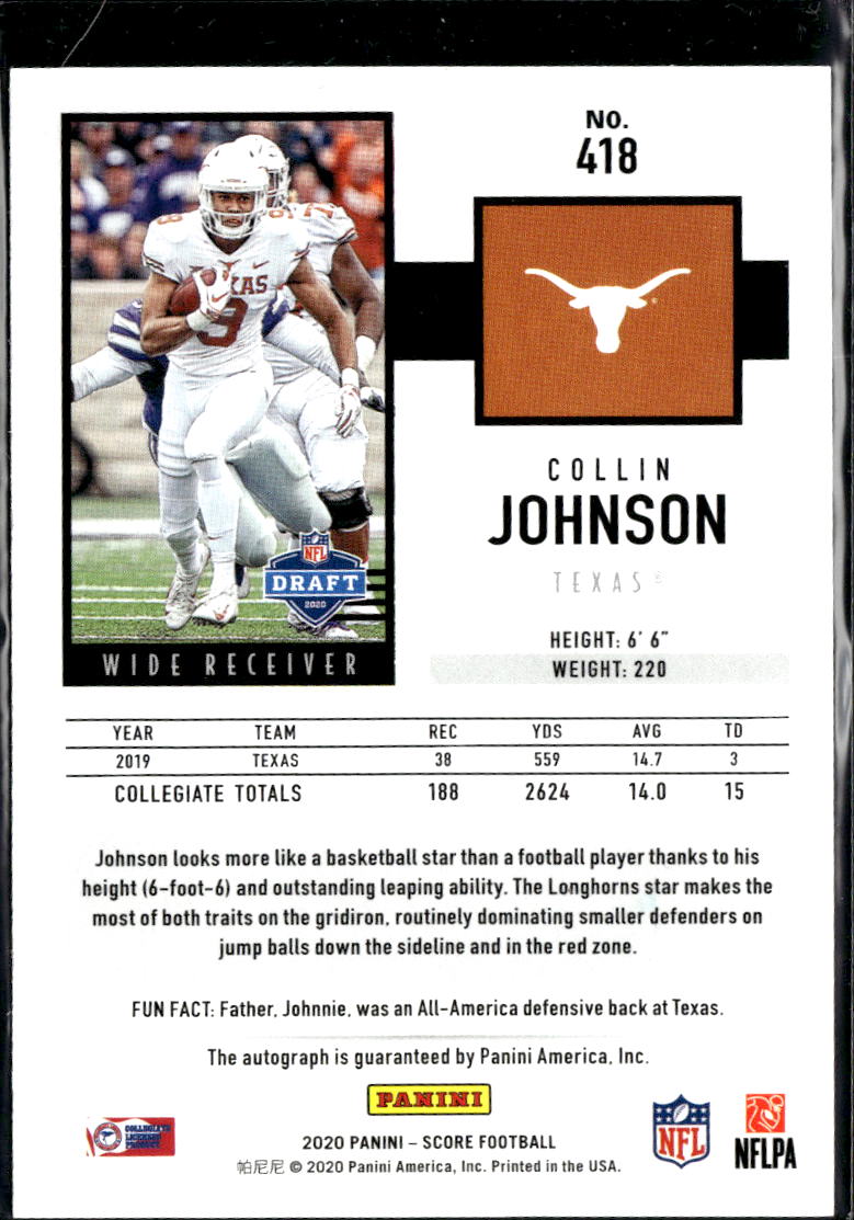 Collin Johnson 2020 Score Orange Auto Autograph RC 7/10 Texas Longhorns