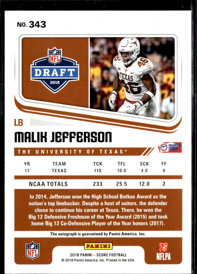Malik Jefferson 2018 Score Orange Auto Autograph RC 9/10 Texas Longhorns