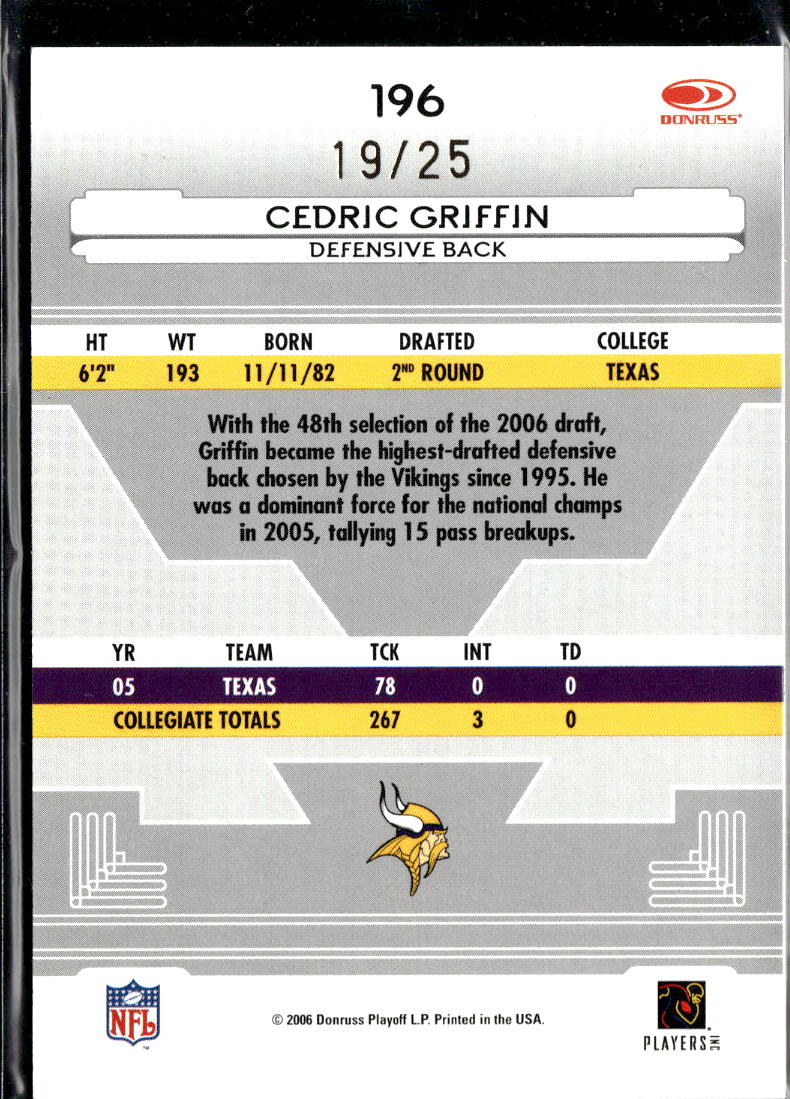 Cedric Griffin 2006 Leaf Certified GOLD Rookie RC 19/25 Texas Longhorns Vikings