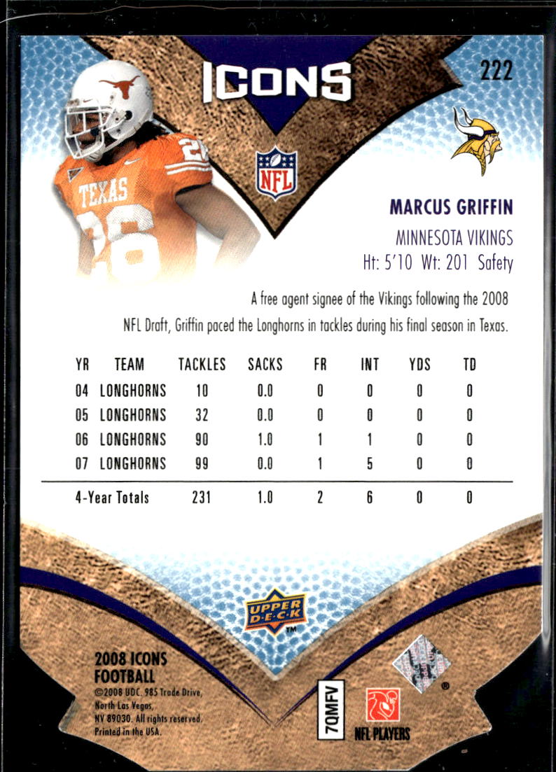Marcus Griffin 2008 Upper Deck Icons SSP Rookie 2/2 Texas Longhorns Vikings