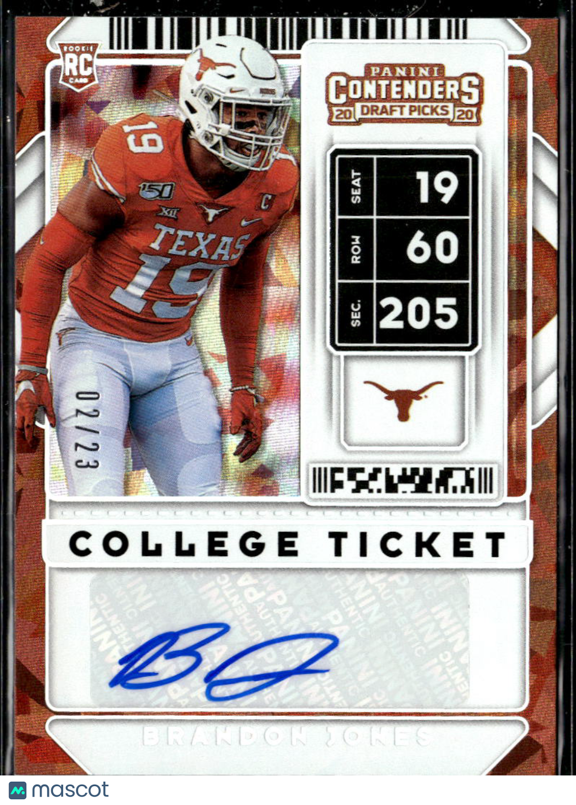 Brandon Jones 2020 Contenders Auto Autograph Cracked Ice RC 2/23 Texas Longhorns