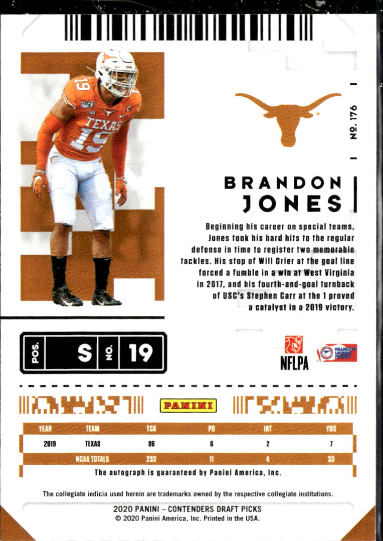 Brandon Jones 2020 Contenders Auto Autograph Cracked Ice RC 2/23 Texas Longhorns