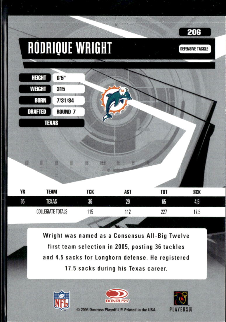 Rodrique Wright 2006 Donruss Elite Rookie RC 159/599 Texas Longhorns Dolphins