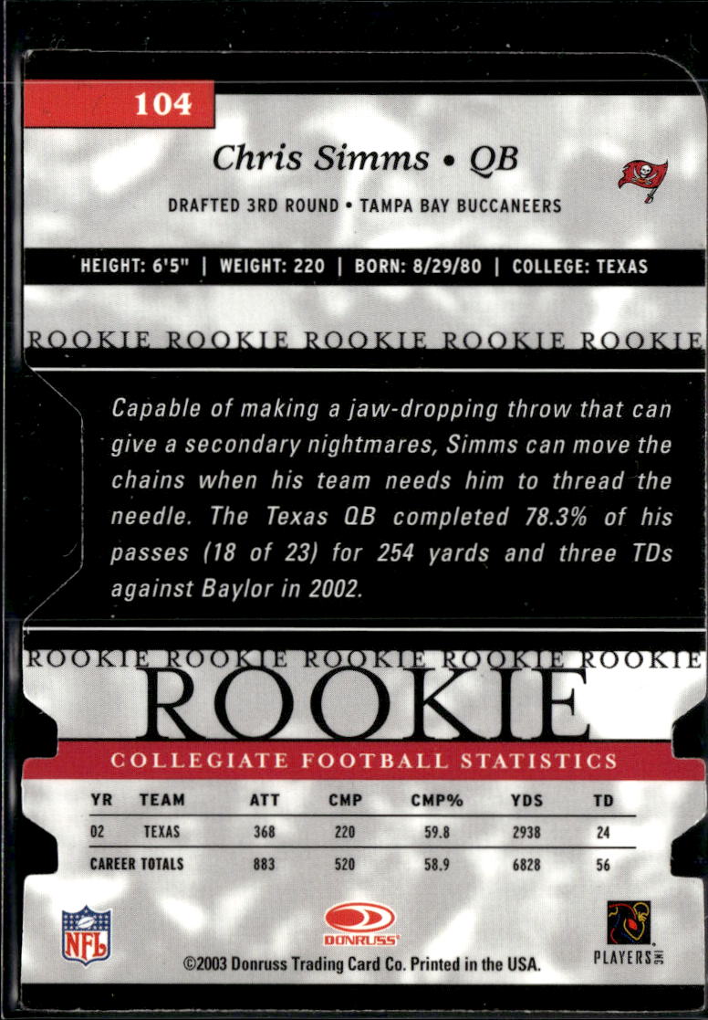 Chris Simms 2003 Donruss Elite Auto Autograph RC 111/125 Texas Longhorns