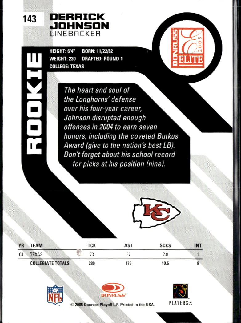 Derrick Johnson 2005 Elite Auto Autograph RC 92/125 Texas Longhorns Chiefs
