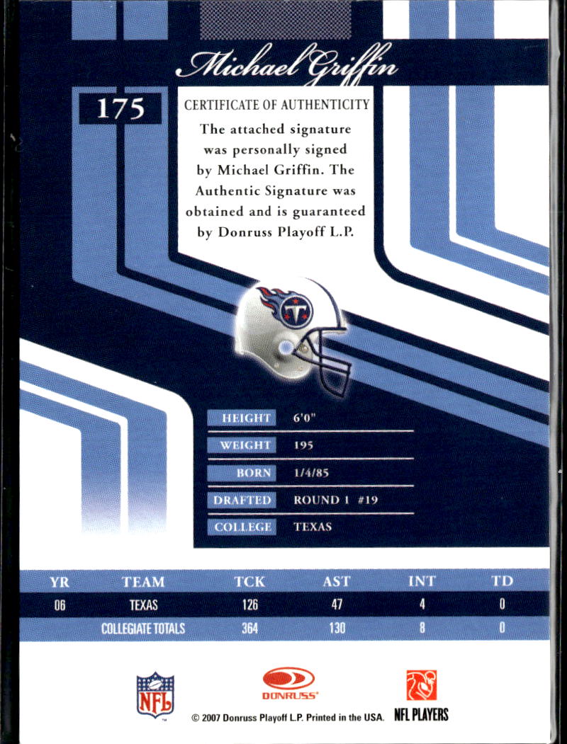 Michael Griffin 2007 Donruss Elite Auto Autograph RC /50 Texas Longhorns Titans