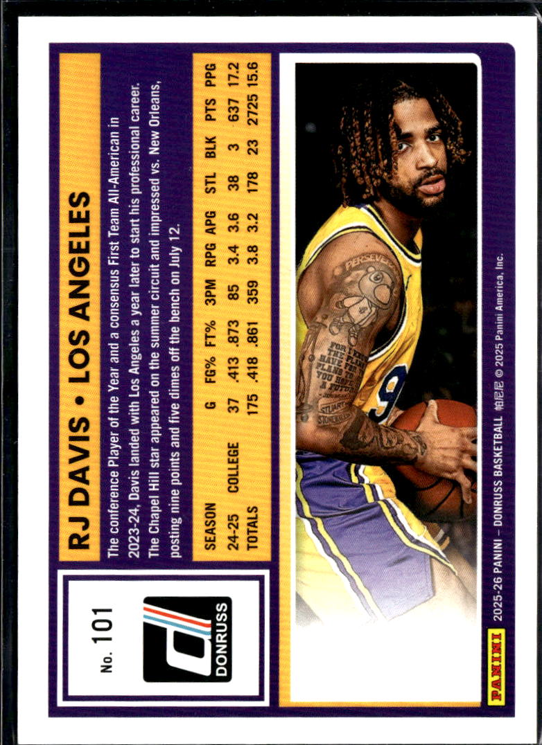 RJ Davis 2025 Donruss Red Plaid RC 9/75 Los Angeles Lakers