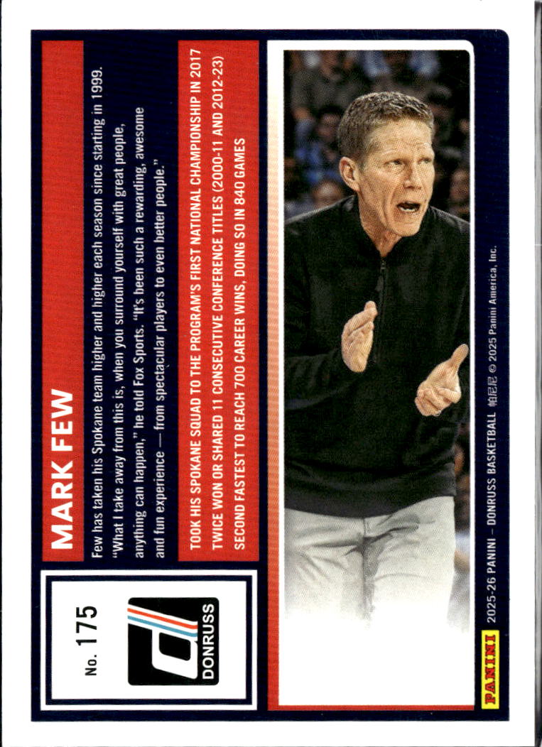 Mark Few 2025 Panini Donruss Silver Laser 68/199 Gonzaga Bulldogs