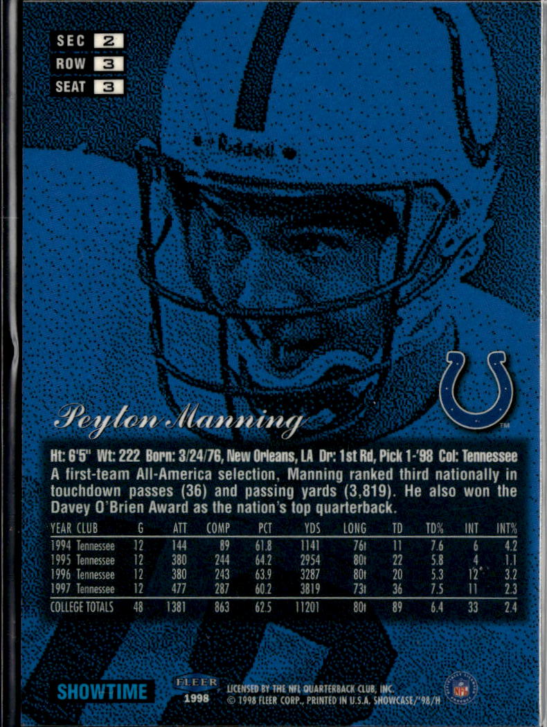 Peyton Manning 1998 Flair Showcase Row 3 Rookie RC Indianapolis Colts
