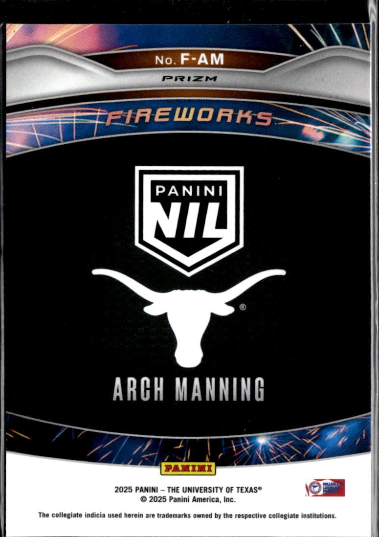 Arch Manning 2025 Panini Prizm Fireworks Silver Prizm Rookie RC Texas Longhorns