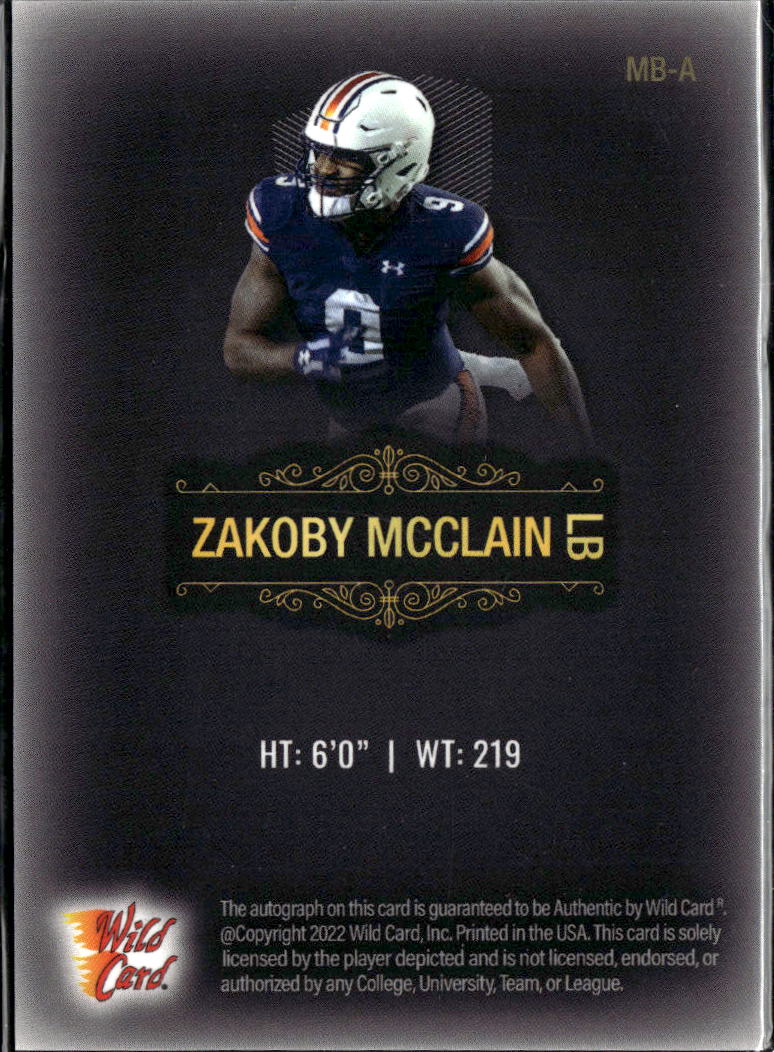 Zakoby McClain 2022 Wild Card Matte Premium Auto Autograph Black Auburn Tigers