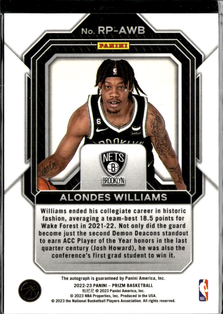 Alondes Williams 2023 Prizm Penmanship RC Auto Autograph Brooklyn Nets