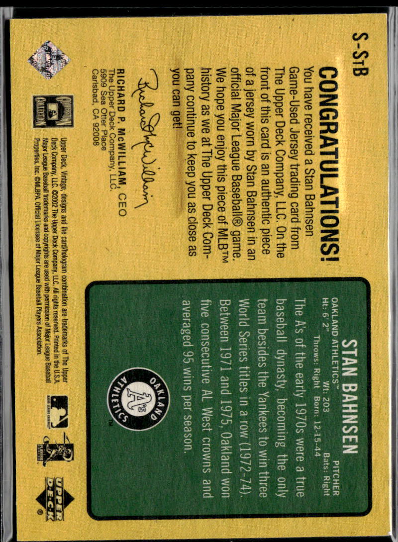 Stan Bahnsen 2002 Upper Deck Vintage Game Worn Jersey Patch Athletics