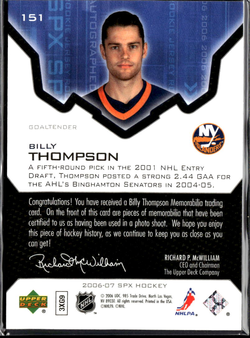 Billy Thompson 2006 SPx Game Worn Patch 1402/1999 New York Islanders