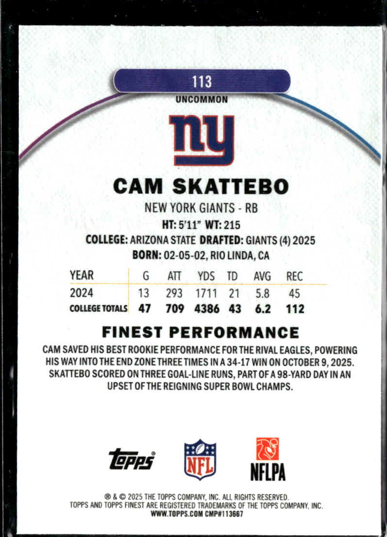Cam Skattebo 2025 Topps Finest RC Rookie New York Giants