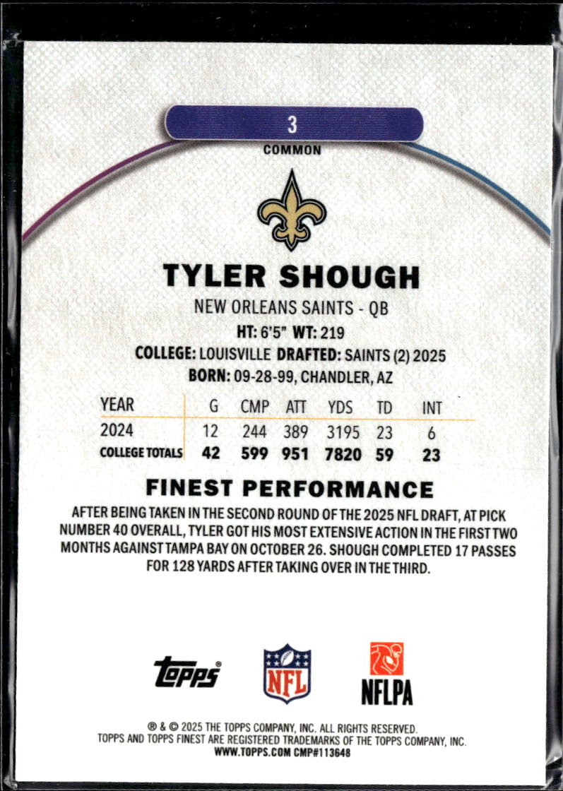 Tyler Shough 2025 Topps Finest RC Rookie New Orleans Saints