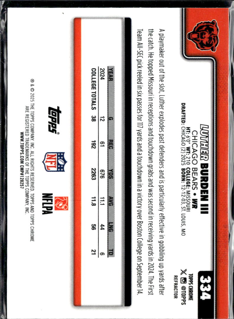Luther Burden III 2025 Topps Chrome RC Rookie Refractor Chicago Bears