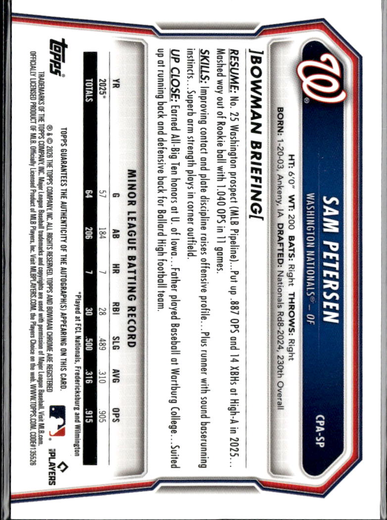 Sam Petersen 2026 Bowman Chrome 1st Auto Autograph RC 8/75 Washington Nationals