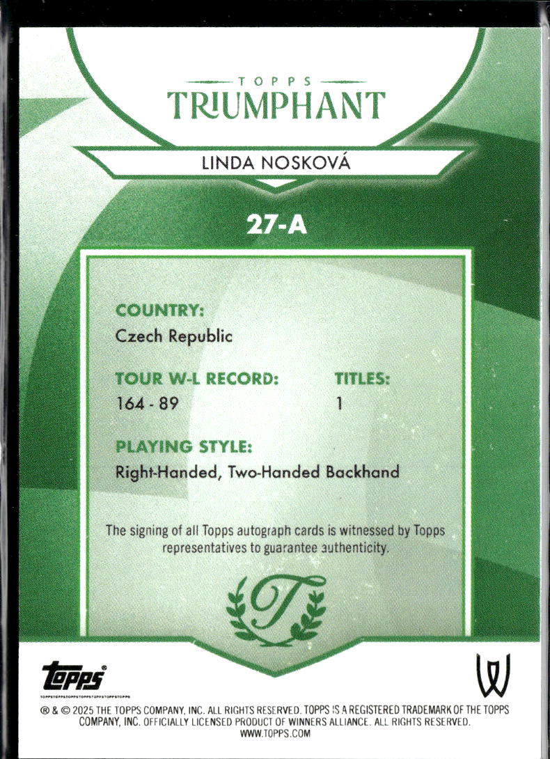 Linda Noskova 2025 Topps Triumphant Auto Autograph GOLD RC Tennis 40/50
