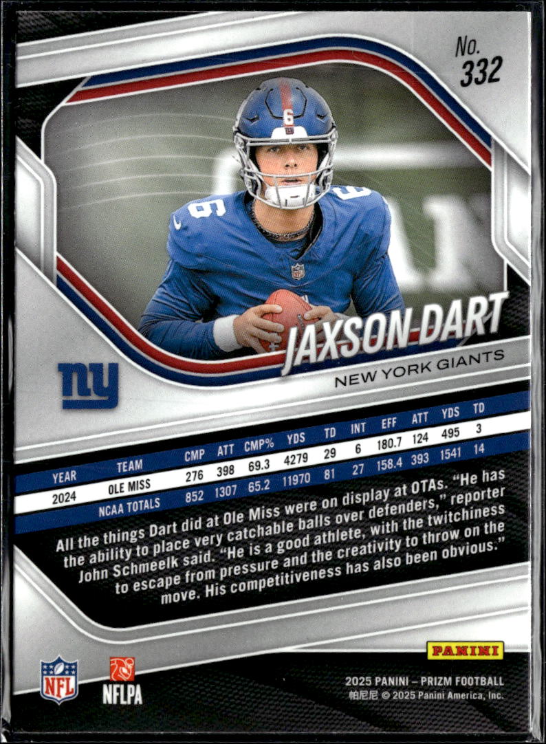 Jaxson Dart 2025 Panini Prizm Rookie RC #332 New York Giants
