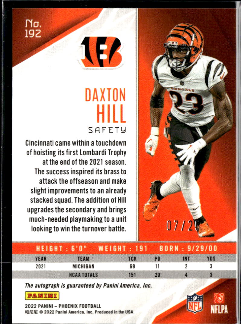 Daxton Hill 2022 Phoenix Auto Autograph RC Orange 7/25 Cincinnati Bengals