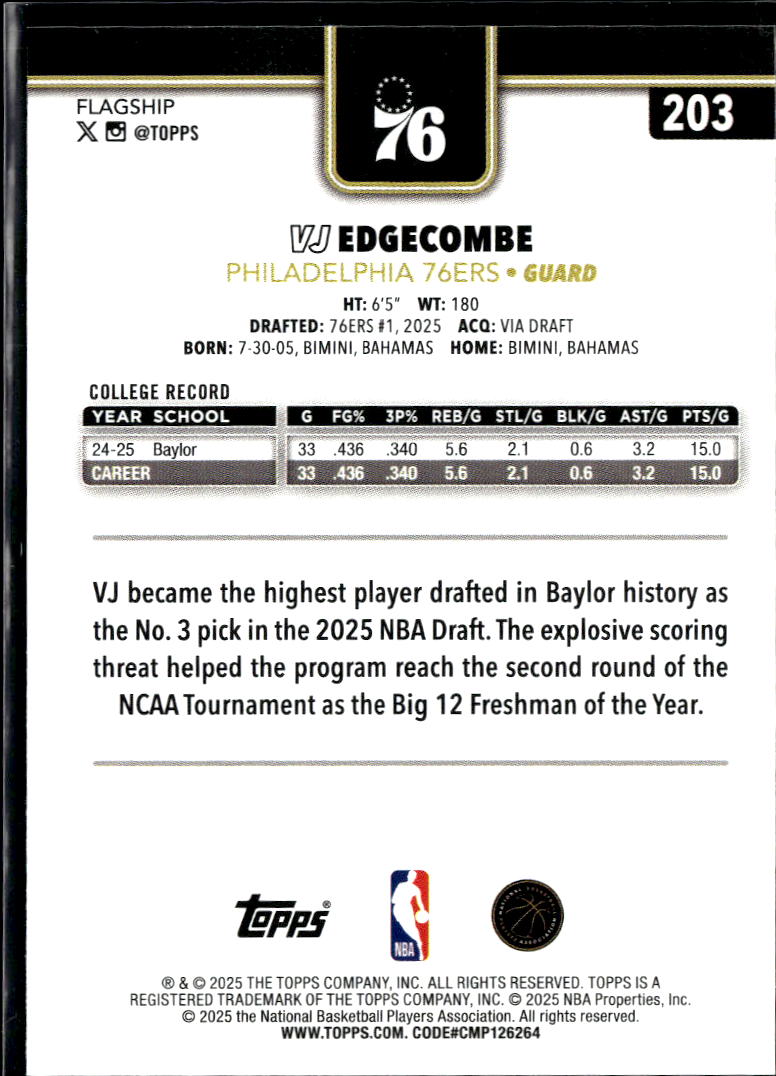VJ Edgecombe 2025 Topps Chrome Blackout Rookie RC Philadelphia 76ers
