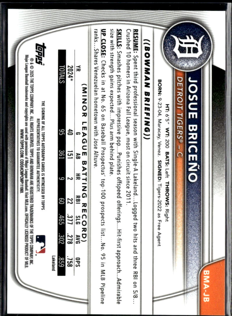 Josue Briceno 2025 Bowman Chrome Auto Autograph Mega Box Detroit Tigers